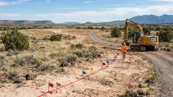 Underground utility markings along a rural excavation route in Apache County Arizona