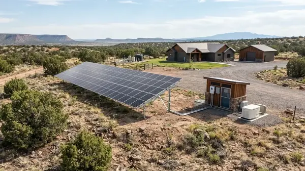 Complete off-grid solar power system serving a rural home well and outbuildings in Apache County Arizona