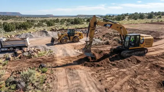Construction equipment staged on rural Apache County Arizona property during off-grid land development