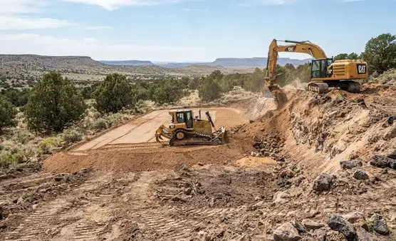 Excavator and bulldozer performing cut-and-fill grading on uneven Apache County Arizona rural property