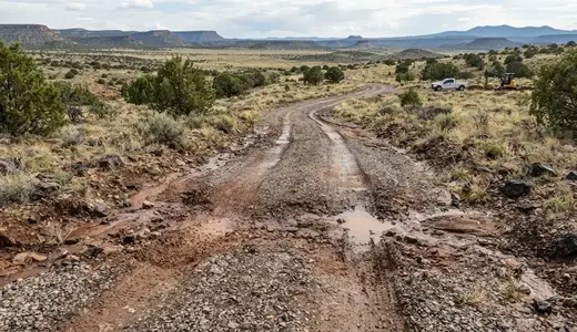 Deteriorated rural gravel driveway in Apache County Arizona showing wheel ruts erosion and drainage-related surface damage