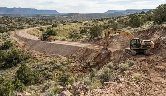 Cut-and-fill grading creating a practical rural road profile across uneven Apache County Arizona terrain