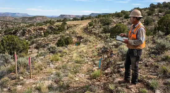 Contractor evaluating terrain drainage and proposed driveway alignment on rural Apache County Arizona property