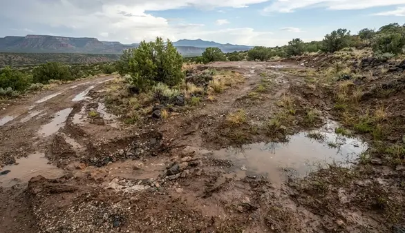 Rural Apache County Arizona property showing ponding water driveway ruts washout and uneven grading