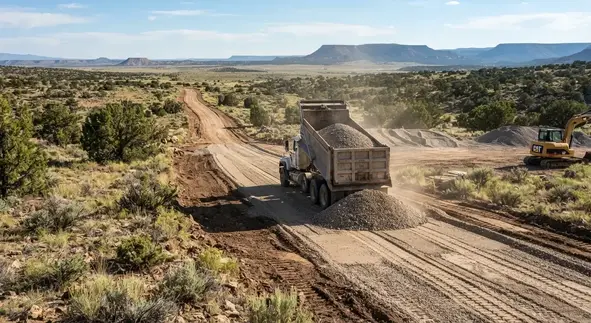 Apache County Arizona rural property with dump truck delivering gravel and road base for a private access road