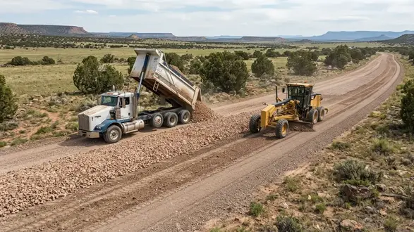 Dump truck delivering aggregate while construction equipment spreads and grades a rural gravel road in Apache County Arizona