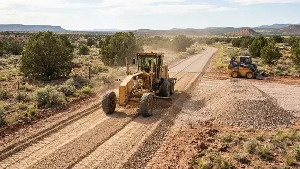 Gravel being spread and graded on a rural driveway in Apache County Arizona