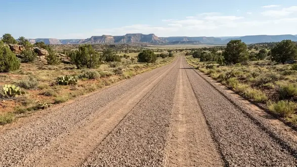 Professionally graded gravel road being prepared on a rural Apache County Arizona property
