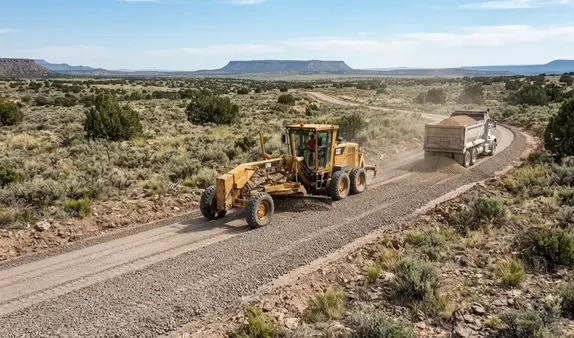Grader shaping aggregate and road base for a rural gravel driveway in Apache County Arizona