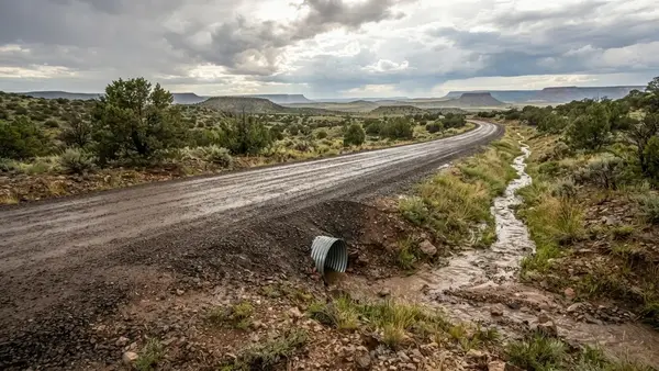 Apache County Arizona gravel road with roadside drainage swale and culvert after summer monsoon rainfall