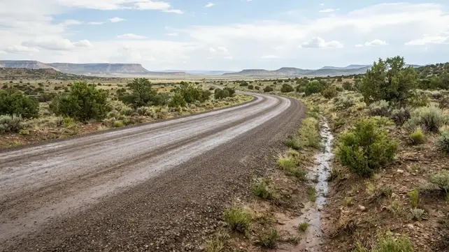 Well-maintained gravel road in Apache County Arizona with defined drainage shoulders after seasonal rainfall