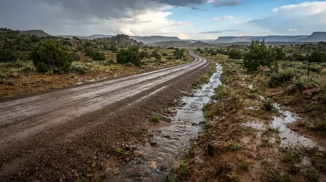 Rural gravel road with controlled stormwater drainage after a monsoon rainfall in Apache County Arizona