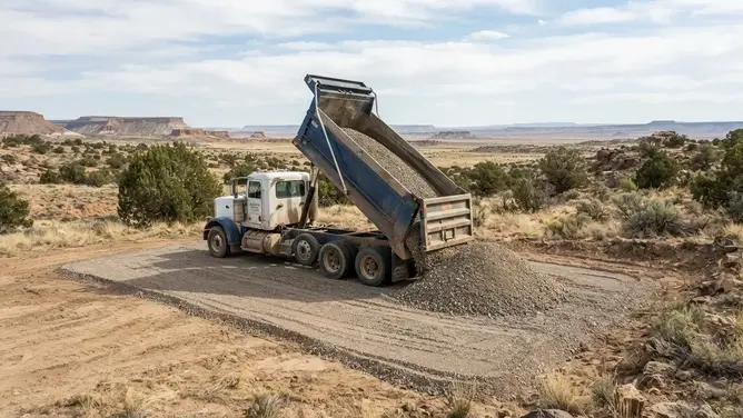 Dump truck unloading gravel at a prepared rural property in Apache County Arizona