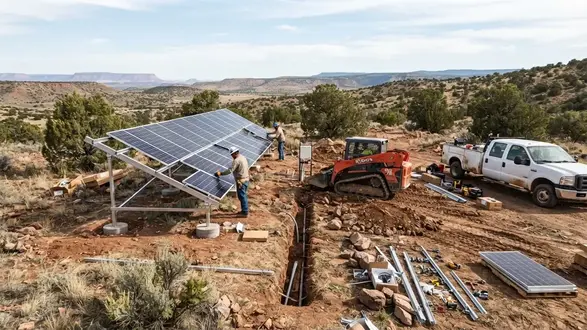 Ground-mounted off-grid solar installation with site preparation excavation access and electrical trenching on rural Apache County property