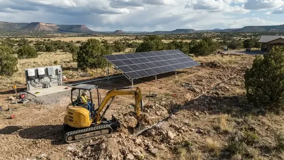 Ground-mounted solar array installation with electrical trenching on rural Apache County property