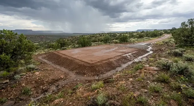 Graded rural house pad with drainage shaping for monsoon runoff in Apache County Arizona
