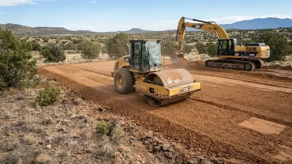 Controlled fill layers being placed and compacted during Apache County Arizona house pad preparation