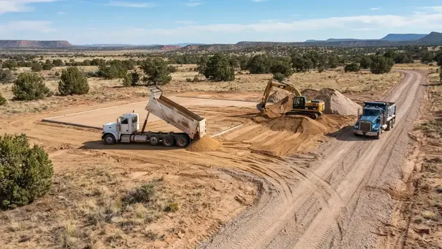 Dump trucks delivering imported fill material for rural house pad preparation in Apache County Arizona