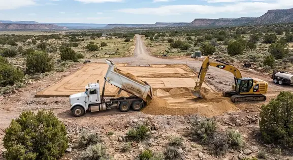Dump truck delivering fill material for a rural house pad in Apache County Arizona