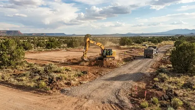 Rural Apache County Arizona property undergoing site preparation with graded building pad, access road, and construction equipment