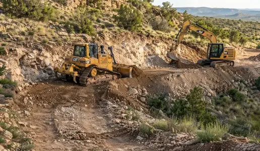 Rural Apache County Arizona grading project with varied elevations, rocky ground, equipment access, and material being moved across a development area