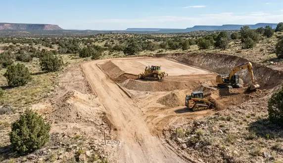 Large rural Apache County Arizona grading project with earthmoving equipment preparing a homesite and access area