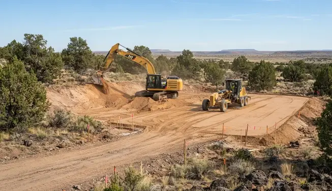 Professional grading crew preparing a rural Apache County Arizona property for future development
