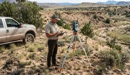 Professional site evaluation of rural Apache County Arizona property before land grading with varied terrain, drainage paths, and planned development areas
