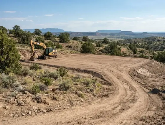 Level graded building pad surrounded by naturally sloped Apache County Arizona terrain
