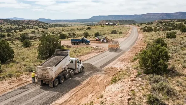 Long gravel private road with multiple dump truck loads on rural Apache County Arizona property