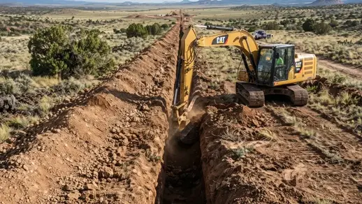 Long rural utility trench excavation across undeveloped Apache County Arizona acreage