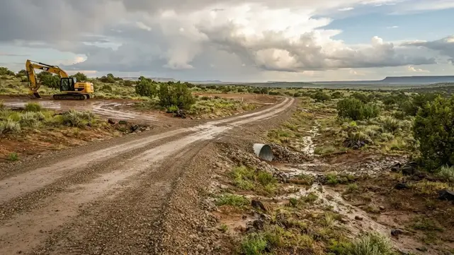 Rural Apache County Arizona property with graded access road and drainage improvements designed for storm runoff
