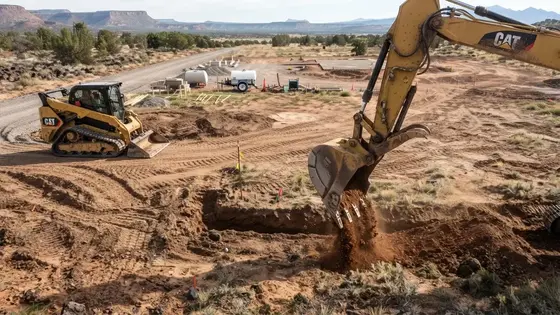 Rural off-grid construction site with excavation, grading, gravel access, and equipment staging in Apache County Arizona