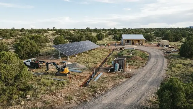 Off-grid solar system coordinated with well septic driveway and rural property infrastructure