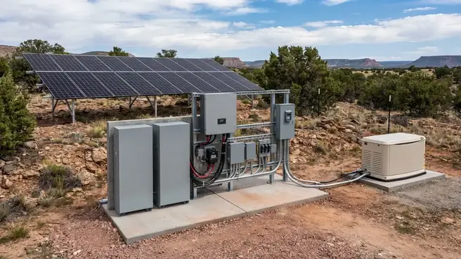 Off-grid solar system with solar panels batteries inverter and electrical equipment