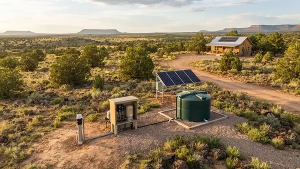 Private well pump, water storage, solar power, and underground water infrastructure serving a rural property in Apache County Arizona