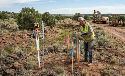 Contractor evaluating elevations drainage and terrain before grading a rural Apache County Arizona property