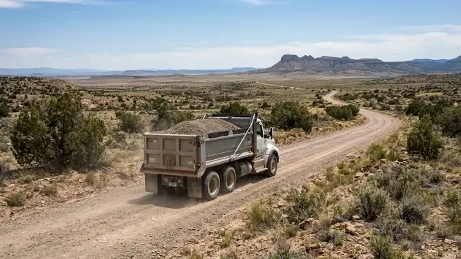 Dump truck delivering gravel along a remote rural access road in Apache County Arizona