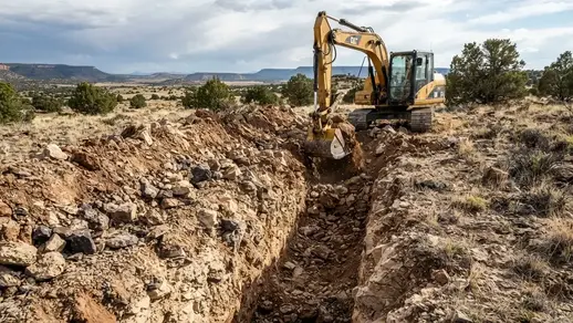 Utility trench excavation through rocky caliche ground on a rural Apache County Arizona property