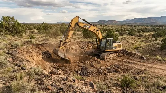 Yellow excavator working through rocky uneven soil on a rural Apache County Arizona property