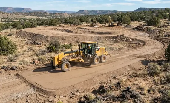 Motor grader refining a rural Apache County Arizona site after major rough grading is complete