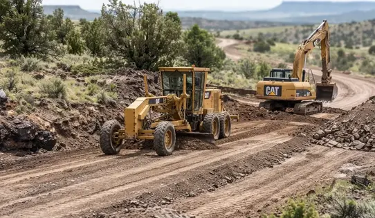 Apache County Arizona rural driveway being graded through rocky uneven terrain with elevation changes and earthwork