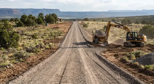 Apache County Arizona rural gravel driveway being professionally graded and constructed toward a future homesite