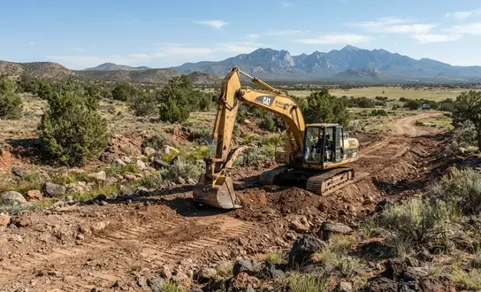 Excavator preparing rural Arizona property with mountain views