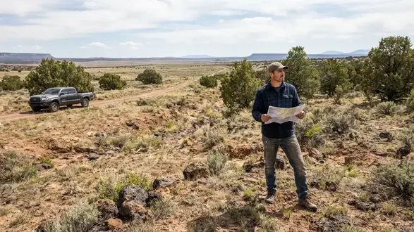 Person inspecting undeveloped rural acreage and access conditions in Apache County Arizona