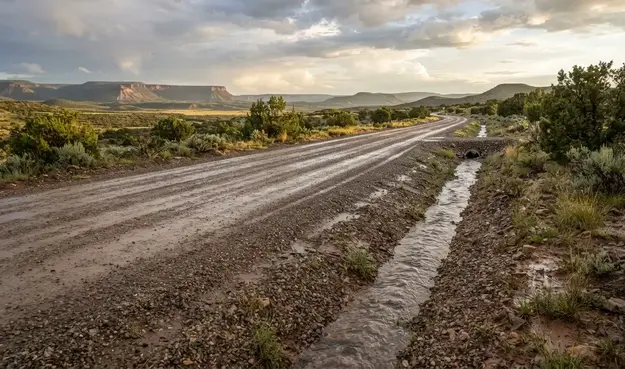 Professionally graded rural road with drainage shaping after monsoon rainfall in Apache County Arizona