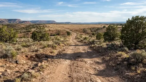 Remote dirt access road leading toward undeveloped rural property in Apache County Arizona