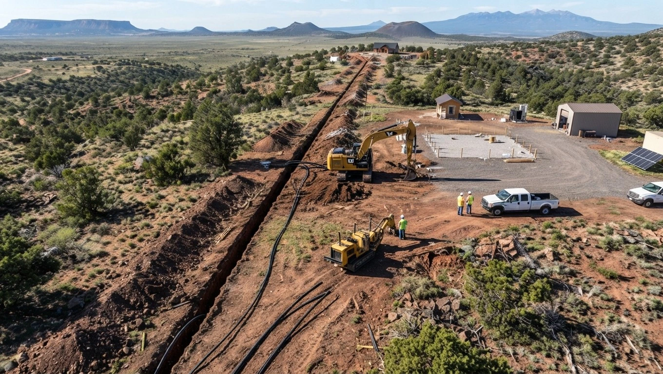 Planned rural utility corridor connecting a homesite and infrastructure across Apache County Arizona acreage