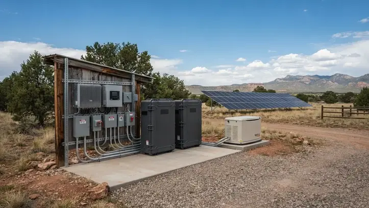 Off-grid solar battery storage and backup generator system on a rural Apache County Arizona property