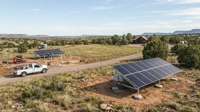 Single ground-mounted off-grid solar array with reserved space for future solar expansion on rural Apache County property